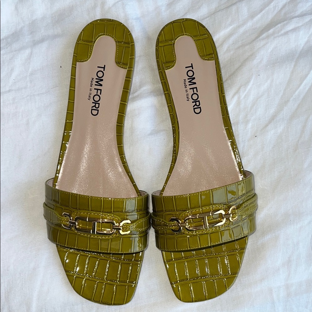 Tom Ford Gold Buckle Green Croc Sandals